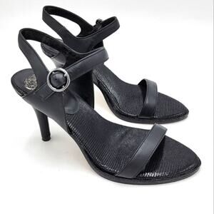Vince Camuto Lynona Ankle Strap Open Toe Heeled Sandal Black Leather